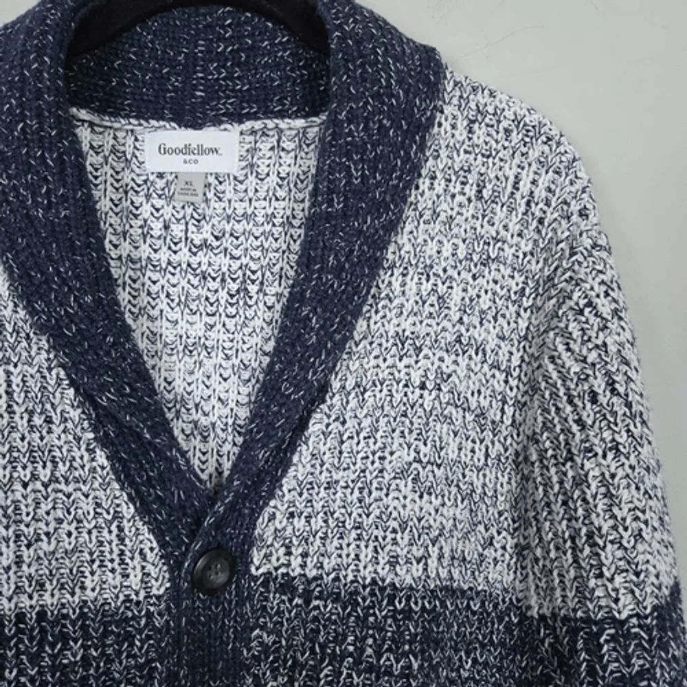 Goodfellow Mens Shawl Button Up Cardigan XL Navy Chunky Knit Preppy Academia